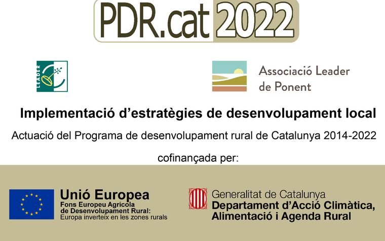 Logotips del PDR.cat 2022, la Unió Europea, la Generalitat de Catalunya i l’Associació Leader de Ponent